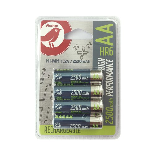 Pack de 4 pilas recargables AA, Ni-MH,  HR06, PRODUCTO ALCAMPO, 2500 mAh.
