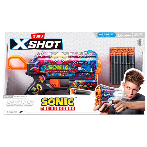 ZURU Xshot, Lanzadora Skins Flux Sonic The Hedgehog modelos surtidos, 8 dardos +8 Años