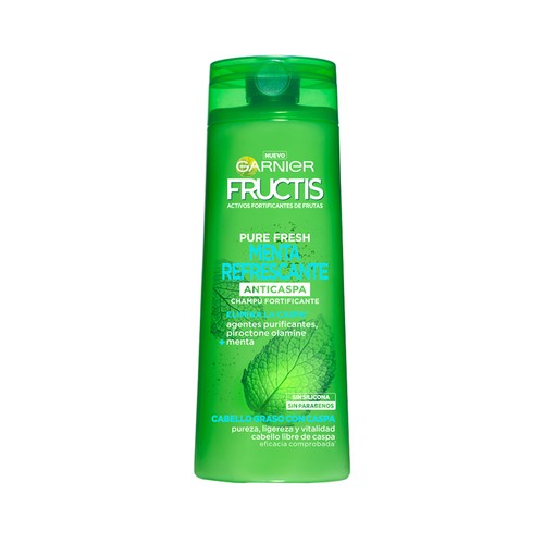 FRUCTIS Pure fresh de Garnier Champú anticaspa fortificante, sin parabenos ni siliconas, para cabello graso 360 ml.