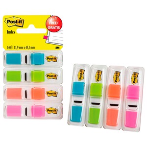 Imagen de 4 dispensadores de 35 notas seÃ±alizadoras de varios colores y medidas 43.1x11.9mm POST-IT Index.