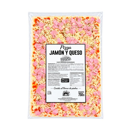 PALACIOS Pizza rectangular de jamón y queso 750 g.