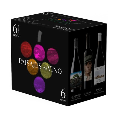 PAISAJES DEL VINO  Estuche con 6 botellas de vino de diferentes denominaciones de origen.