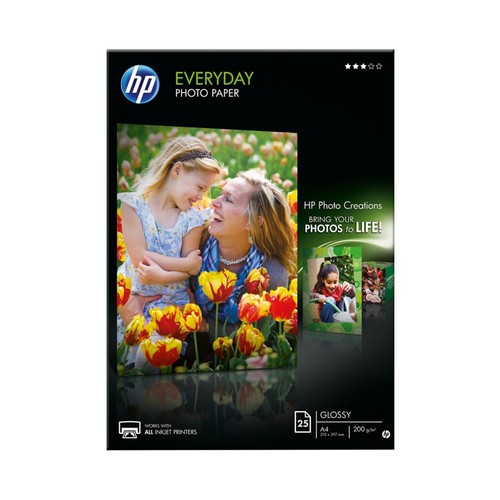 Pack de 20 hojas fotográficas HP Everyday Glossy (Q5451A), brillante, 21 x 29,7cm, 200g/m².