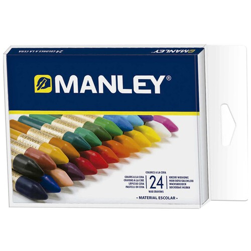 Caja de 24 ceras blandas de diferentes colores e ideales para uso escolar MANLEY.