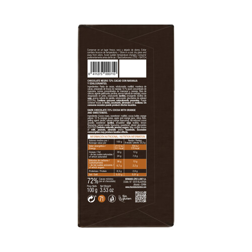 CLAVILEÑO Chocolate extrafino puro 72% cacao y naranja, con Estevia 100 g.