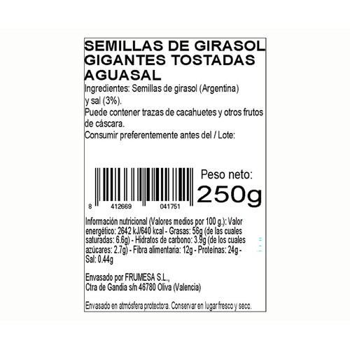 FRUMESA Pipas gigantes tostadas aguasal 250 g.
