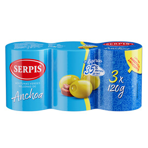 Imagen de SERPIS Aceitunas verdes rellenas de anchoas (35% menos de sal) lata 3 x 50 g.