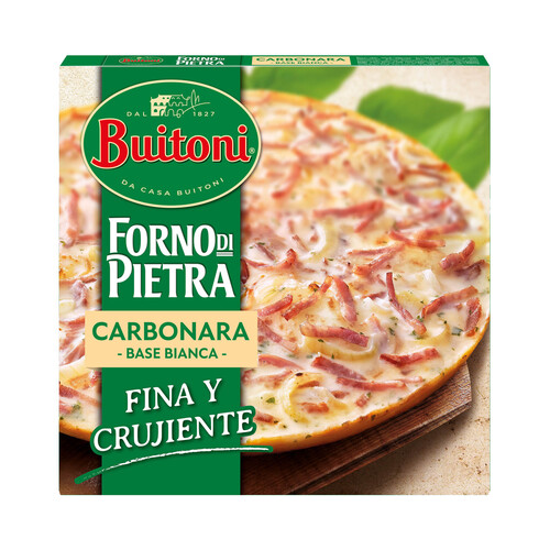 BUITONI Pizza con bacon, cebolla y crema de leche (Salsa carbonara), con masa fina y crujiente Forno di pietra 300 g.