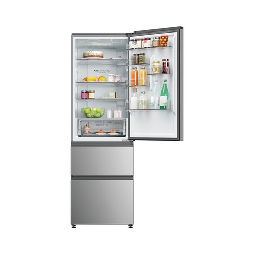 Frigorífico combi HAIER HTW-3618ENMG, 185 cm, No Frost, Inox, Clase E, H: 185cm A: 59,5cm, F: 66,7cm, capacidad total: 360L.