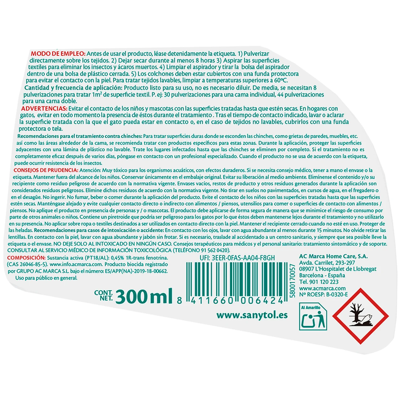 SANYOL Spray antiácaros y chinches, para tejidos, colchones y sofás 300 ml.