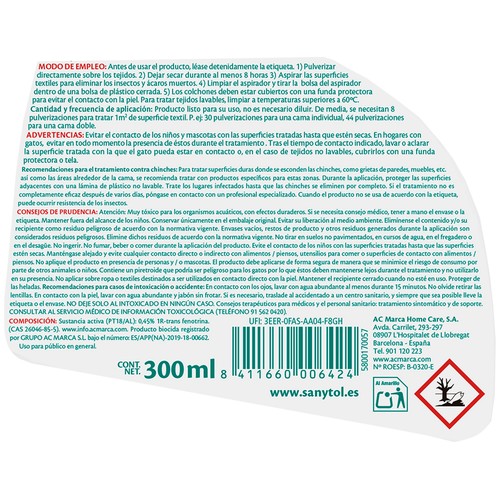 SANYOL Spray antiácaros y chinches, para tejidos, colchones y sofás 300 ml.