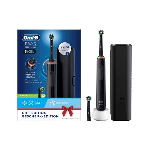 Cepillo de dientes eléctrico Braun ORAL-B Pro 3 3500 Black Edition, incluye funda de viaje.