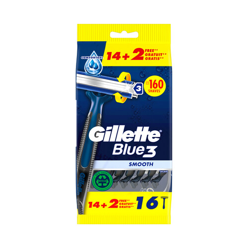 GILLETTE Cuchilla de afeitar desechable con cabezal pivotante de triple hoja GILLETTE Blue 3 smooth 16 uds