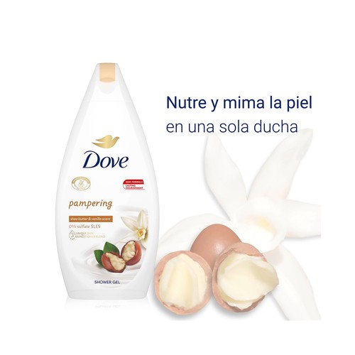 DOVE Gel para baño o ducha con manteca de karité y aroma de vainilla 2 x 450 ml.