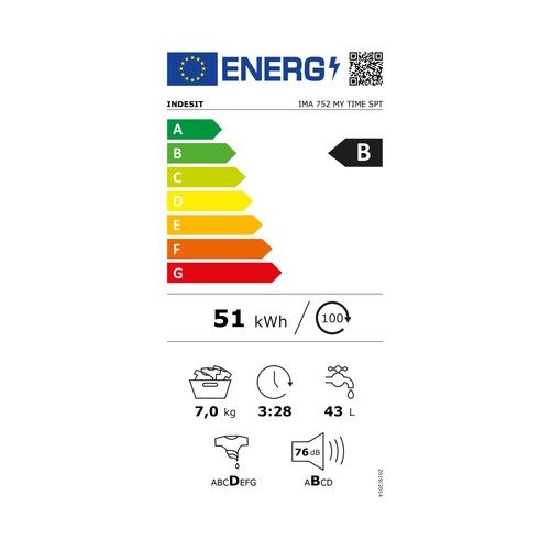 Lavadora INDESIT Ima 752 My Time SPT 7KG, Clasificación energética: B, 1200RPM, H: 85cm, A: 60cm, F: 51cm. Motor inverter
