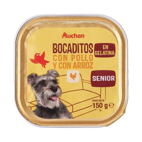 PRODUCTO ALCAMPO Trocitos en gelatina para perros adultos, con pollo y arroz 150 g.