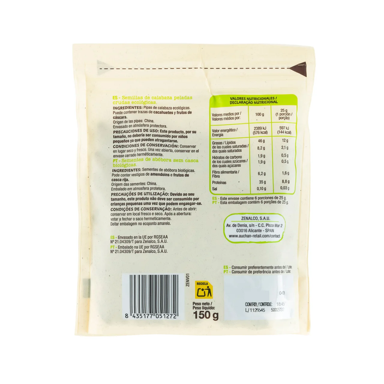 ALCAMPO ECOLÓGICO Pipas de calabaza peladas crudas 150 g.