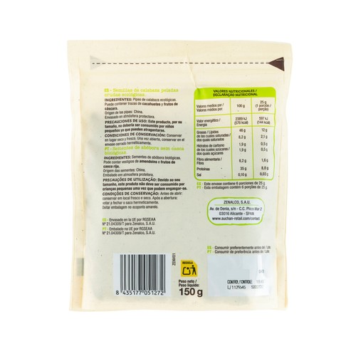 ALCAMPO ECOLÓGICO Pipas de calabaza peladas crudas 150 g.