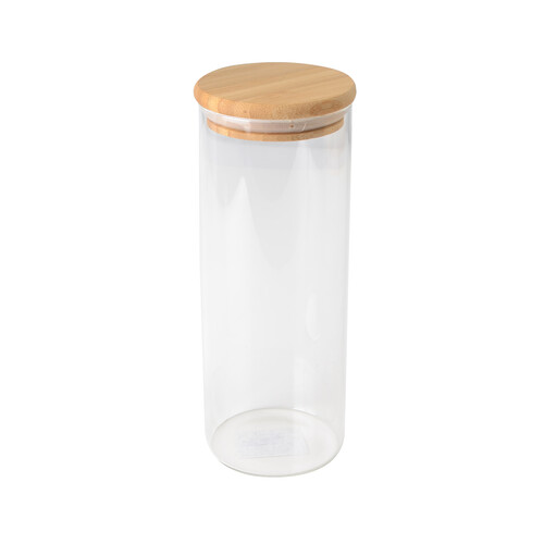 Bote de vidrio con tapa de madera, capacidad 0,9 litro, H: 21,5cm, A: 8,3cm,  ACTUEL.
