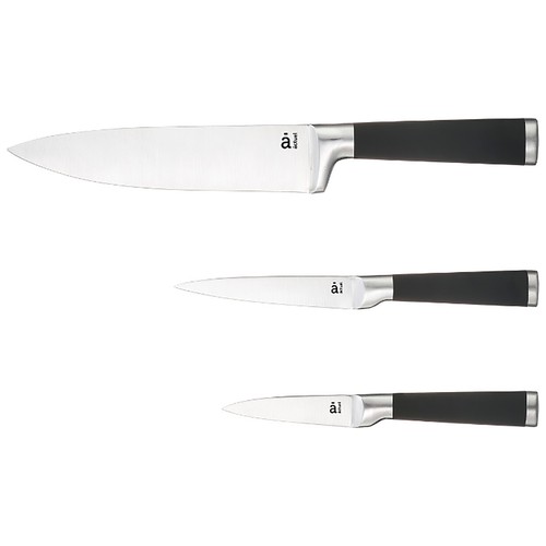Set de 3 cuchillos, pelador 9 cm, multiuso 15 cm, chef 20 cm, ALCAMPO.