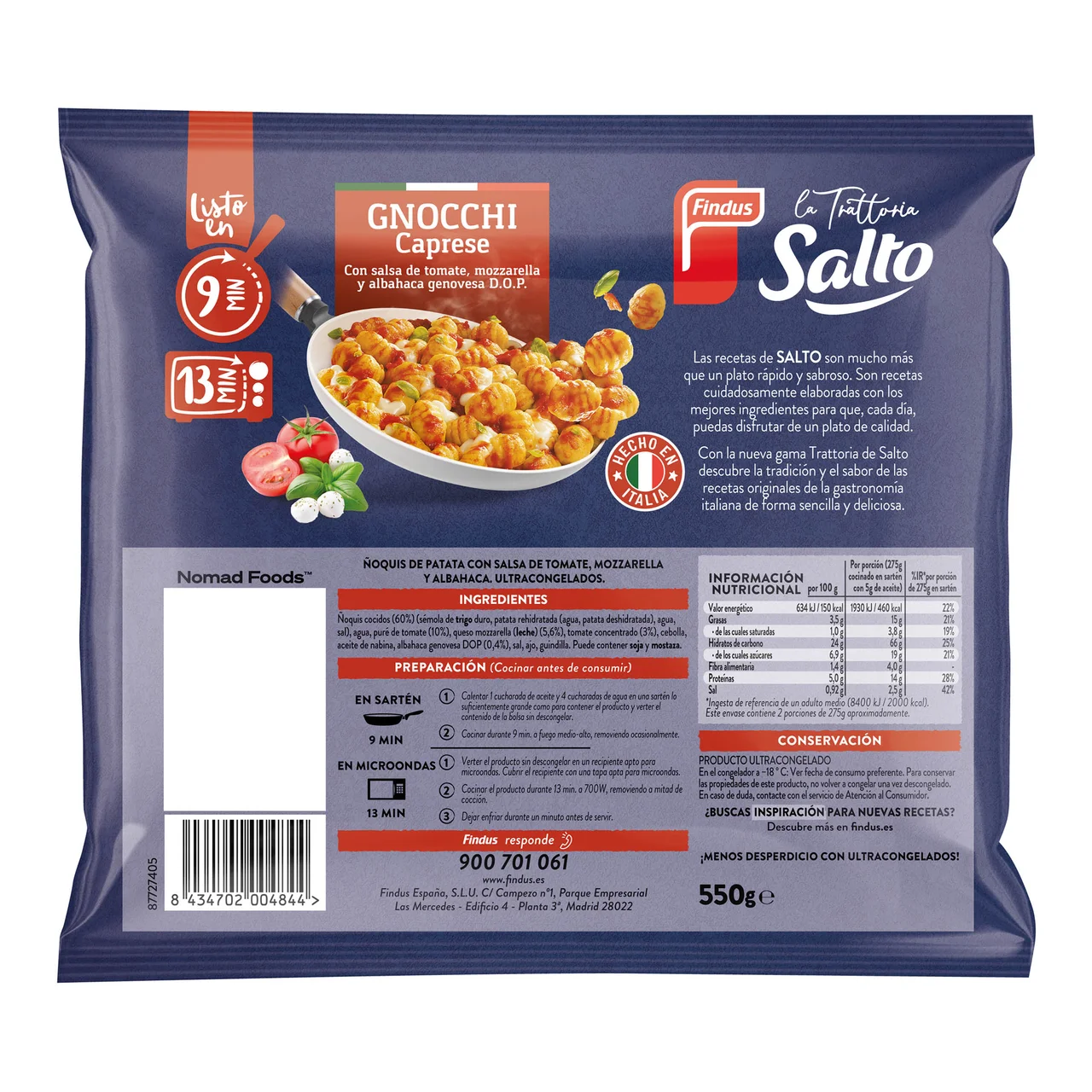 FINDUS La tratoria Gnocchi caprese con salta de tomate, mozzarella y albahaca genovesa D.O.P. 550 g.