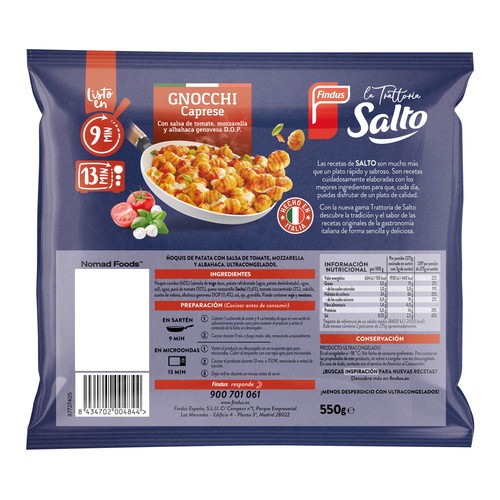 FINDUS La tratoria Gnocchi caprese con salta de tomate, mozzarella y albahaca genovesa D.O.P. 550 g.