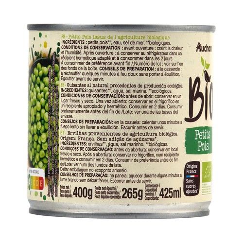 PRODUCTO ALCAMPO Bio Guisantes la natural ecológicos 265 g.