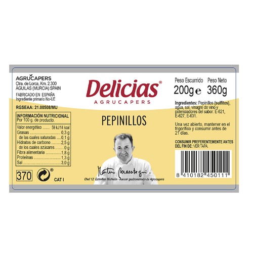 DELICIAS Pepinillos pequeños en vinagre extra frasco de 200 g.