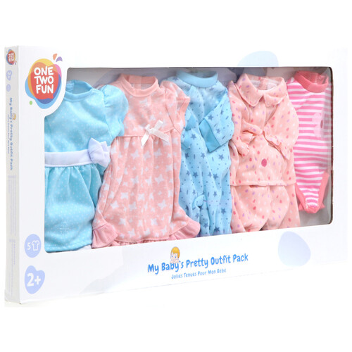 Caja con 5 vestidos para muñecos bebé de hasta 35cm, ONE TWO FUN ALCAMPO.