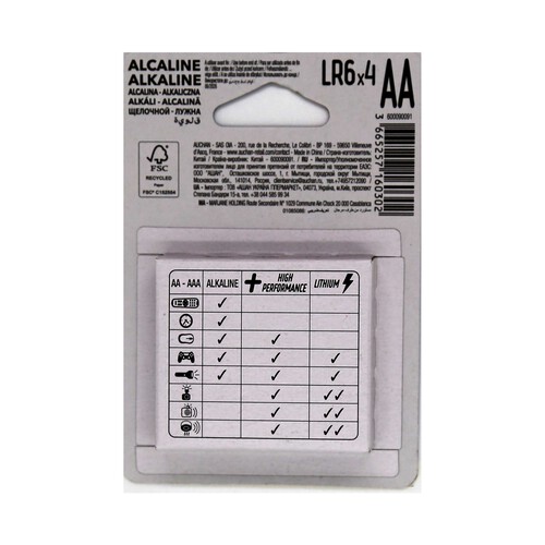 Pack de 4 pilas alcalinas AA, LR06, 1,5V, PRODUCTO ALCAMPO.