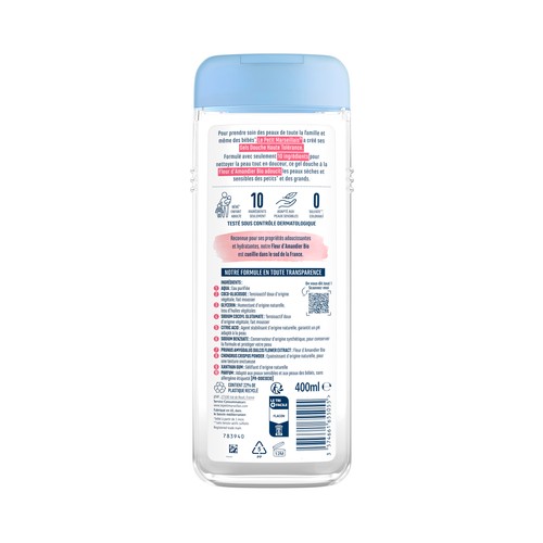 LE PETIT MARSELLAIS Gel para ducha o baño calmante, con flor de almendro, para bebés y pieles sensibles 400 ml.