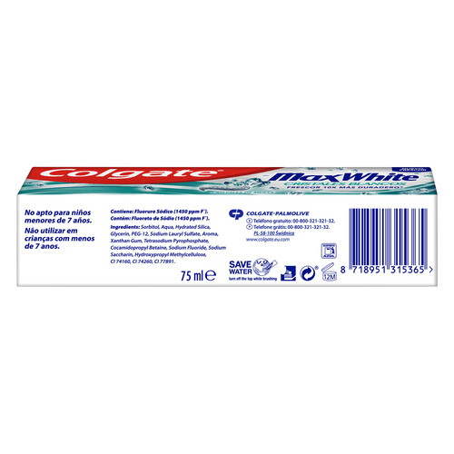 COLGATE Pasta de dientes blanqueante con cristales de menta COLGATE Max white 75 ml.