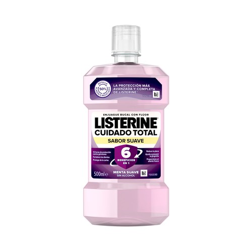LISTERINE Cuidado total Enjuague bucal de uso diario y sabor menta suave 500 ml.