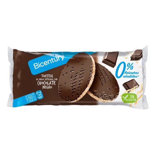 Tortita de arroz integral con chocolate negro, sin azúcares añadidos, sin gluten BICENTURY 130 g.