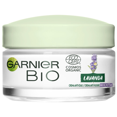 GARNIER Crema antiedad y regeneradora de noche para todo tipo de pieles, incluso sensibles GARNIER Bio 50 ml.