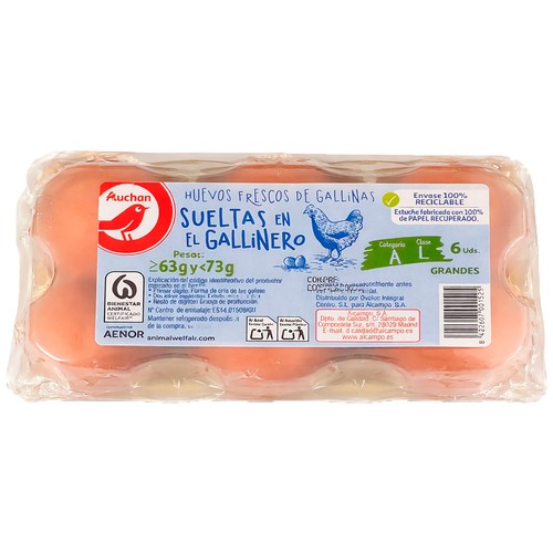 AUCHAN Huevos de gallinas sueltas en el gallinero categoría A y clase L 6 uds. Producto Alcampo.