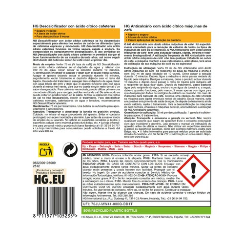 HG Descacificador cafeteras espresso y monodosis 500 ml.