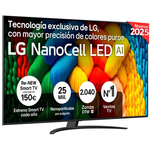 Televisión 190,5 cm (75")  Nanocell LG 75NANO81A6A, 4K, Smart TV, Ultra HD,3HDMI, USB, HDR, webOS25 IA, 60Hz.