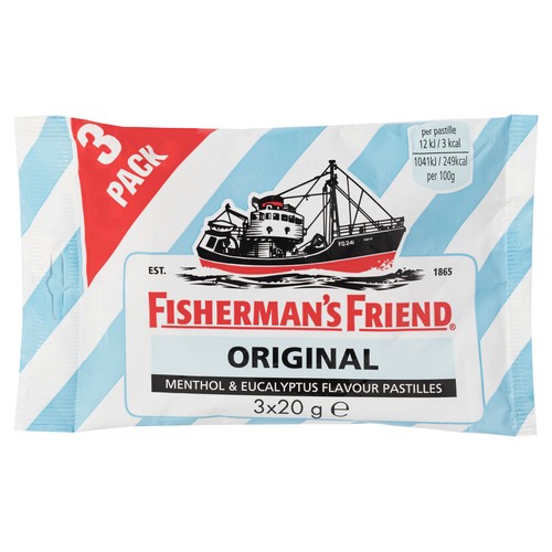 FISHERMAN`S FRIEND Caramelo comprimido sabor menta y eucalipto, sin azúcar FISHERMAN'S FRIEND pack 3 x 20 g.