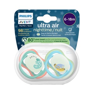 Ultra air nighttime de Philips Chupetes de 6 - 18 meses, con tetina con diseño ortodóntico y que brillan en la oscuridad 2 uds.