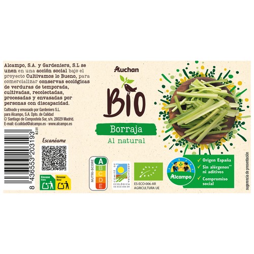 ALCAMPO CULTIVAMOS LO BUENO Bio Borraja al natural ecológica de origen español bote 400 g.