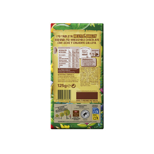NESTLÉ Chocolate con leche y crujiente galleta NESTLÉ JUNGLY 125 g.