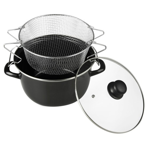 Cacerola freidora de acero esmaltado apta para inducción con cestillo, asas y tapa de vidrio, 26 cm. ACTUEL.