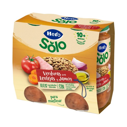 HERO Solo Tarrito de verduras con lentejas y jamón (textura con trocitos), a partir de 10 meses 2 x 235 g.