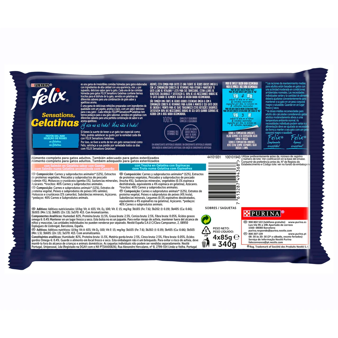 FELIX Comida para gatos húmeda sabor a pescado variado PURINA FELIX 4 uds. x 85 g.