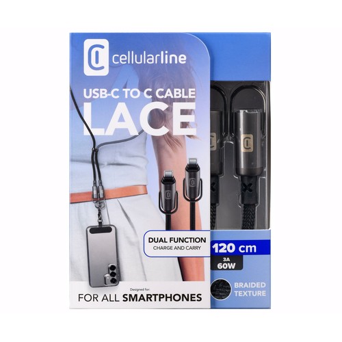 Cable colgante y de carga CELLULARLINE USBDATALACEC2CK, diseño cable usb-c a usb-c, carga rapida