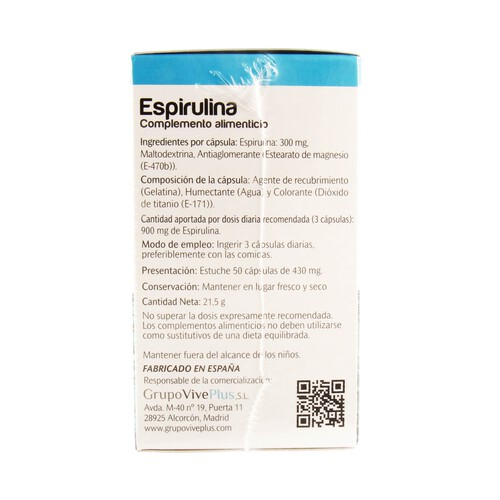 VIVE+ SALUD Y VIDA Complemento alimenticio a base de espirulina VIVE PLUS, 50 uds x 33 g.