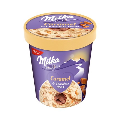 Tarrina de helado de caramelo con corazón y trozos de chocolate MILKA 480 ml.