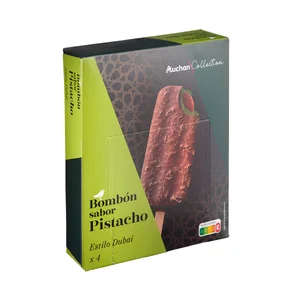 AUCHAN COLLECTION Helado bombón con sabor pistacho al estilo dubái 4 x 75 ml Producto Alcampo Gourmet.