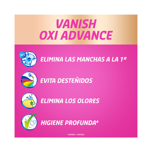 VANISH Potenciador del lavado multifunción con triple efecto: quitamanchas, eliminación de olores y cuidado de los coloresVANISH OXI ADVENCE 1600 ml.